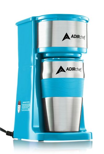  AdirChef Grab N’ Go Personal Coffee Maker with 15 oz. Travel Mug (Crystal Blue) - Single Cup Maker 
