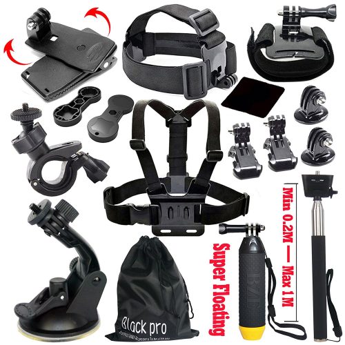 Black Pro Basic Common Outdoor Sports Kit for GoPro Hero 6 /GoPro Fusion/HERO 5/Session5/ 4 / 3+ / 3 / 2 / 1 SJ4000 /5000/ 6000 /AKASO/ APEMAN/ DBPOWER/ And Sony Sports DV and More - GoPro accessories Kit