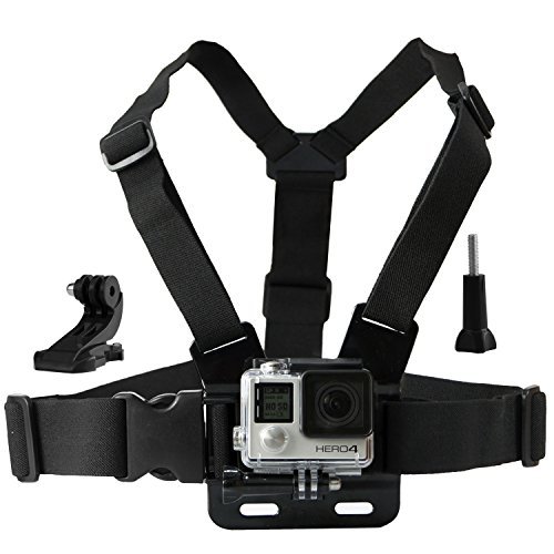 Chest Mount Harness for Gopro Hero 5, Black, Session, Hero 4, Session, Black, Silver, Hero+ LCD, 3+, 3, 2, 1 – Fully Adjustable Chest Strap - Also Includes J-Hook / Thumbscrew / Storage Bag - GoPro Chest Mounts