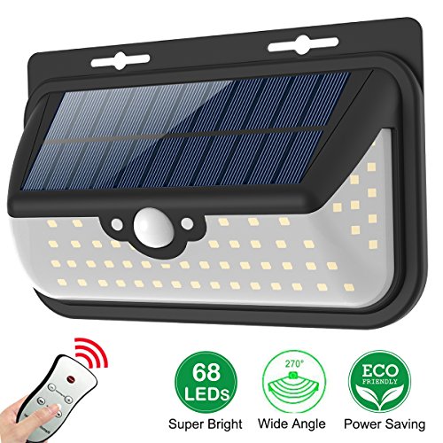 68 LED Solar Lights, Wireless and Waterproof Outdoor Solar Powered Motion Sensor Security Light Comes With Remote Control. Operates in total 3 Modes lighting, suitable for Garage, Patio, Garden, Yard, Step Stair, Fence, Deck - Motion Sensor Lights