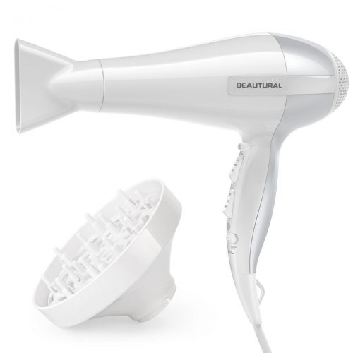 Beautural Professional 1875W Hair Dryer Styler with Ionic, 3 Heat Levels & 2 Speeds Settings, Cool Airflow, Concentrator & Diffuser Attachments – White - Hair Dryer for Curly 