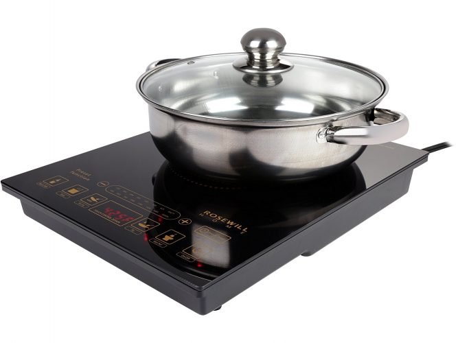 Rose will 1800W 5 Pre-Programmed Settings Induction Cooker Cooktop, Included 10” 3.5 Qt 18-8 Stainless Steel Pot, Gold, RHAI-16002 - Portable Single Burner