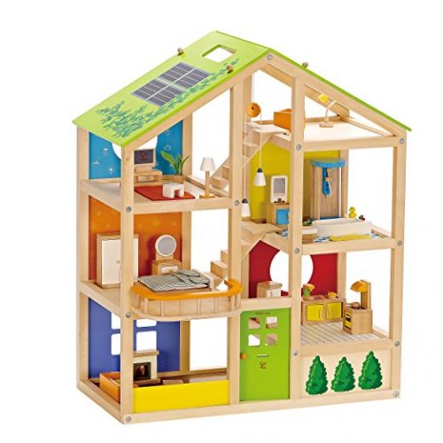 Hape All Seasons Kid's Wooden Doll House Furnished with Accessories - Doll House Toys