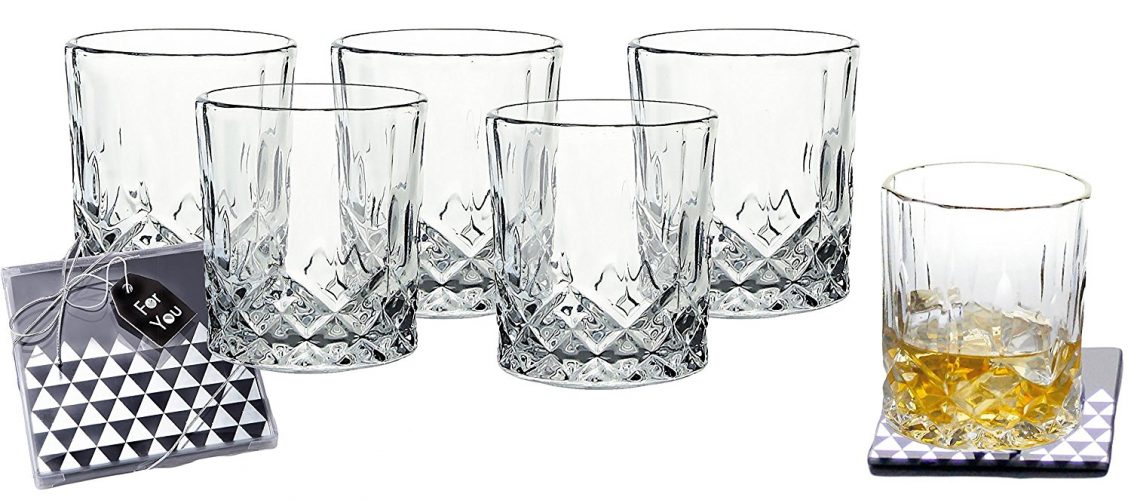 Lead-Free Crystal Double Old-Fashioned Highball Water Glasses, SET OF 6, Heavy Base Barware Glasses Set, 8oz Drinking Glasses. Free Set of 2 Bar Drink Coasters Included - Highball Glass