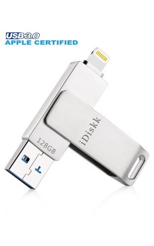 iDiskk USB 3.0 128GB iPhone Lightning Flash Drive for iPhone 6,iPhone 6s,iPhone 6 Plus, iPhone 5,iPhone 7 Plus, iPad, iPod, iPhone External Storage iPad USB, Touch ID Encryption and Apple MFI Certified - External Storages