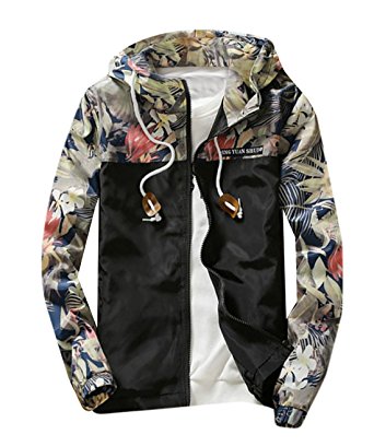 M2MO Mens Floral Long Sleeve Hooded Windbreaker Jacket Black US S - Windbreaker jackets