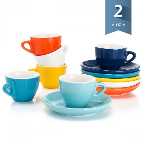 Sweese 4305 Porcelain Espresso Cups with Saucers - 2 Ounce - Set of 6, Assorted Colors. - Espresso Cup Set