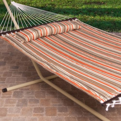 2 Person Free Standing Hammock, 13 Ft. Sienna Stripe Quilted Hammock with Steel Stand & Pillow