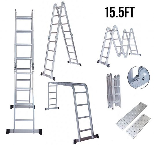 Idealchoiceproduct 15.5' Heavy Duty Gaint Aluminum Multi Purpose Folding Ladder Scaffold Ladders with 2 Platform Plates- 330Lbs