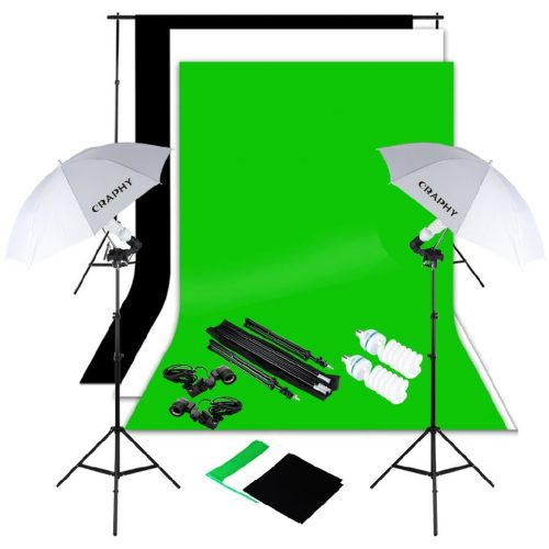 CRAPHY Photography Studio Umbrella Kit 1250W 5500K Daylight Umbrella + Background Support Stand (10x6.5FT) + 3 Backdrops (White Black Green, 9x6FT) + Portable Bag