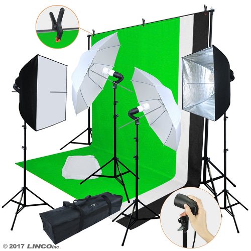 Linco Lincostore Photo Video Studio Light Kit AM169 - Including 3 Color Backdrops (Black/Whtie/Green) Background Screen