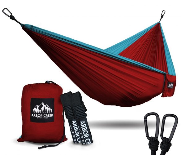 Best Double Camping Hammock by Arbor Creek Outfitters - Extremely Durable and Lightweight Nylon Fabric - Upgraded Aluminum Carabiners w/ Tree Friendly Straps – Holds 500 lbs.!