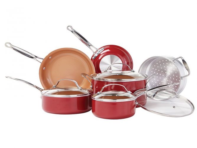 Red Copper 10 PC Copper-Infused Ceramic Non-Stick Cookware Set by BulbHead 