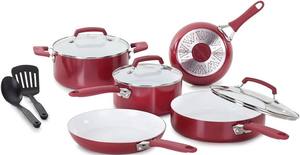 WearEver C943SA Pure Living Nonstick Ceramic Coating Scratch-Resistant PTFE PFOA and Cadmium Free Dishwasher Safe Oven Safe Cookware Set, 10-Piece, Red