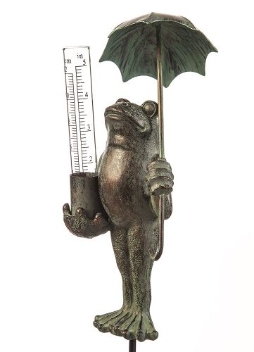Evergreen Garden Decorative Polystone and Metal Frog Statue with a Glass Rain Gauge - 4"W x 4"D x 18"H.