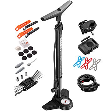 BOOCOSA Bike Floor Pump Set 10 in 1 with ACCURATE Pressure Gauge to 200PSI Includes Screwdrivers - Tire Levers - Glueless Patches- Bicycle Pump Head Presta and Schrader Valves- Phone Holder 