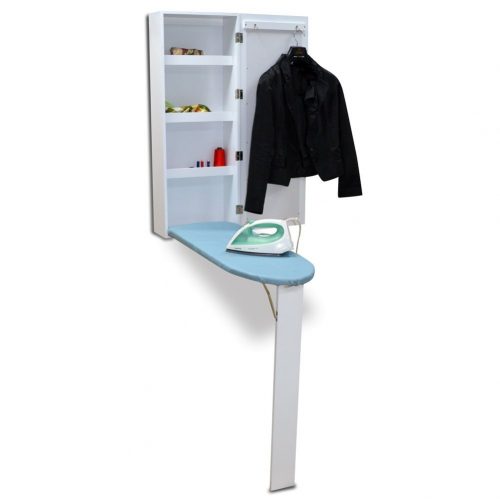 Organizedlife White Wall Mount Ironing Board Center Cabinet with Mirror and Storage Shelves