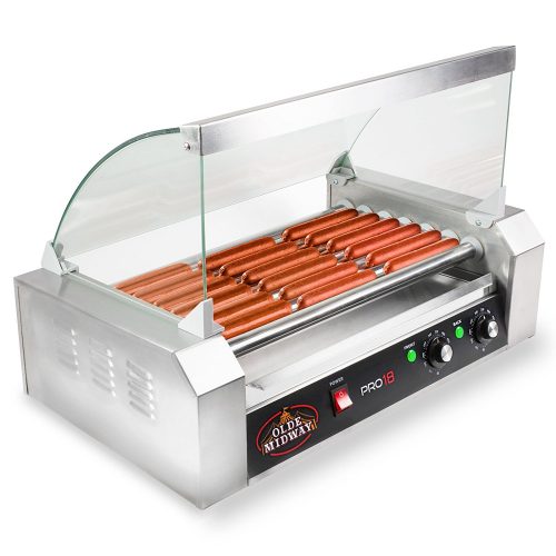 Olde Midway Electric 18 Hot Dog 7 Roller Grill Cooker Machine 900-Watt with Cover - Commercial Grade
