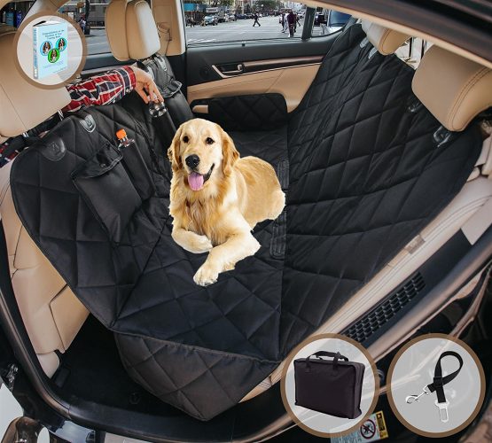 Dog car seat cover for Cars/Trucks/SUV's, Hammock Convertible, Waterproof Pet Backseat protector with extra side Flaps, Bonus Pet seat belt & Carry Bag 