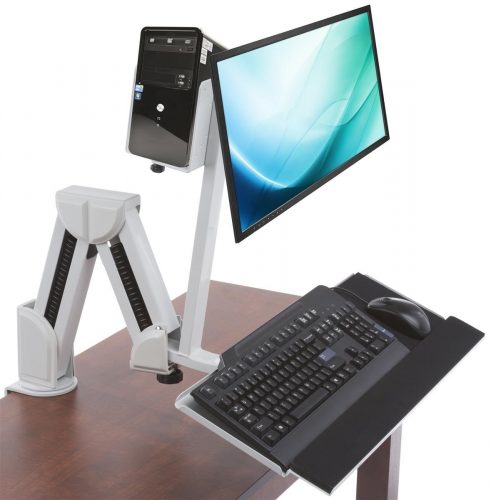 Displays2go Articulating Monitor & Tablet Work Station, Mounts on Counter or Wall, Steel & Aluminum Construction – White (DWSSW02WT)