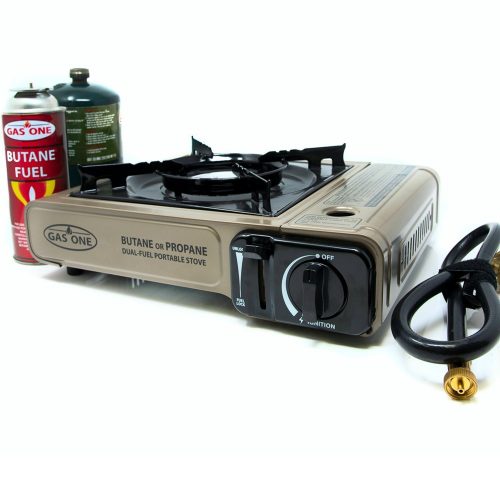 GAS ONE GS-3400P Dual Fuel Portable Propane & Butane Camping and Backpacking Gas Stove Burner with Carrying Case (GOLD)