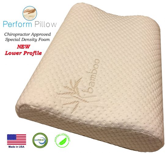 Perform Pillow Thin Profile Memory Foam Neck Pillow - Double Contour - Chiropractor Approved - Washable Soft Bamboo Cover - Great for Neck Pain, Sleeping (Thin Profile)