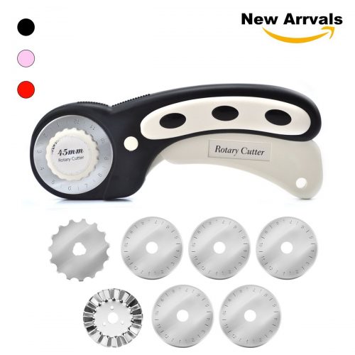 45mm rotary cutter with 6pc 45mm rotary blade 1pc 45mm skip rotary blade and 1pc 45mm wave rotary blade (pack of 9 )For Quilting Fabric and Arts & Crafts (Black) - Fabric Cutters