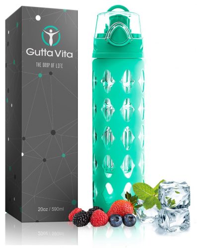 Gutta Vita 20 oz Glass Water Bottle Fruit Infuser with Silicone Sleeve - Best for Yoga Gym Hiking or Sports - BPA Free Borosilicate Glass - Portable Detox Bottle with Leak Proof Flip Top - BPA-free Water Bottles