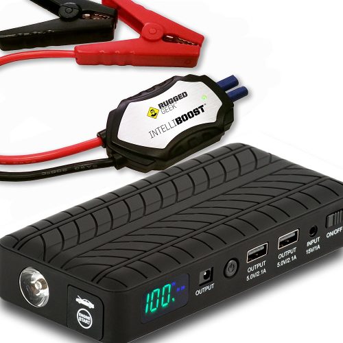 Rugged Geek RG1000 Safety 1000A Portable Car Jump Starter, Battery Booster Pack and Power Supply with LCD Display, INTELLIBOOST Smart Cables, LED Flashlight and USB & Laptop Charging. NEW! - Car Battery