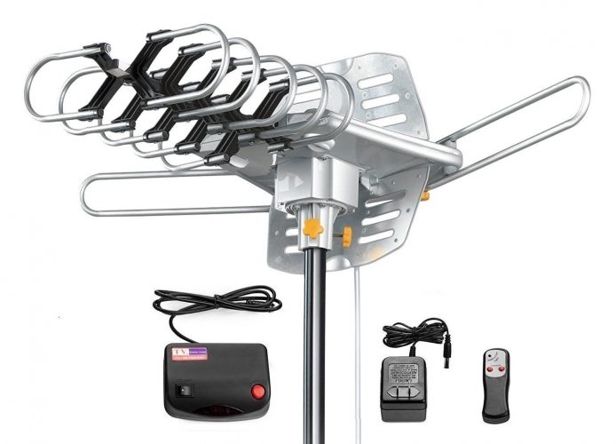 Amplified HD Digital Outdoor HDTV Antenna 150 Miles Long Range with Motorized 360 Degree Rotation, UHF/VHF/FM Radio with Infrared Remote Control - Long Range Outdoor HDTV Antennas
