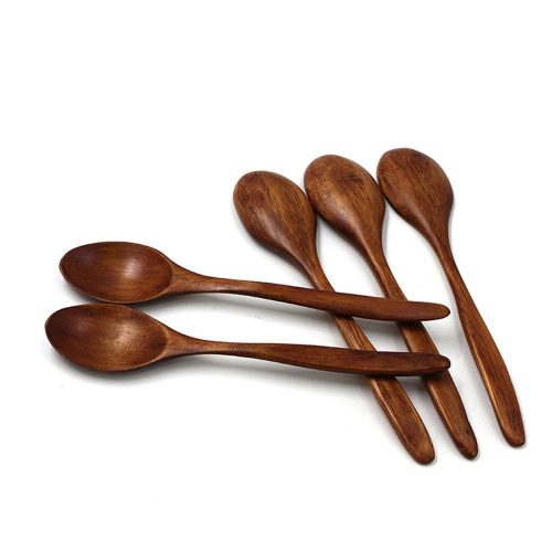 WEISIPU 7" Wooden Soup Spoon Long Handle Natural Eco-Friendly Tableware Sets of 5