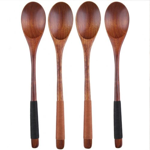 Cospring 9in Wood Coffee/Tea Spoon, Handmade Solid Wood, for Stirring, Spices, Jams, Putting Sugar, Cream and Feeding Babies, Long Handle with Jute string wrapped (Set of 4) D-02