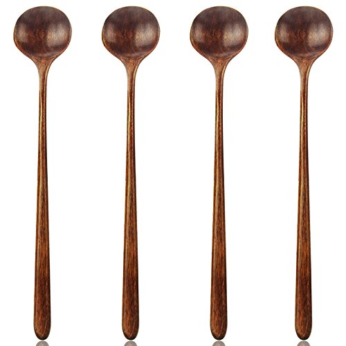 Long Spoon Wooden, 4 Pieces Korean Style 10.9 inches 100% Natural Wood Long Handle Spoons for Soup Cooking Stirrer Kitchen Tools Utensils (Korean Style Soup Spoon)