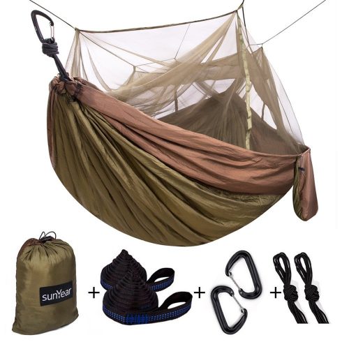 Single & Double Camping Hammock With Mosquito/Bug Net, 10ft Hammock Tree Straps & Carabiners | Easy Assembly | Portable Parachute Nylon Hammock For Camping, Backpacking, Survival, Travel & More - Hammocks With Mosquito Net