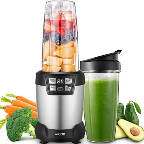 Aicok Smoothie Blender 1200 W, Personal Blender with 2 Tritan Travel Cups(1*35 oz and 1*28 oz), 28,000RPM High Speed Professional Blender, LED Smart One Touch, Silver - Smoothie Blenders