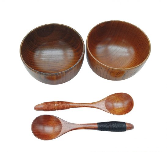 Handmade Small Round Wooden Rice Soup Salad Snack Yogurt Bowls with Spoons Kit for Serving Home Kitchen Tableware, Set of 2, 4 Packs, Wood Color