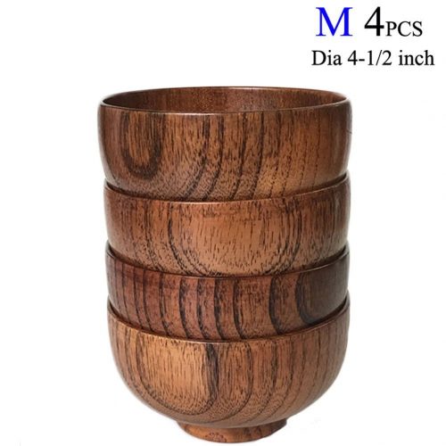 Cospring Set of 4 Solid Wood Bowl, 4.5 inch Dia by 2-5/8 inch, for Rice, Soup, Dip, Decoration (Middle)