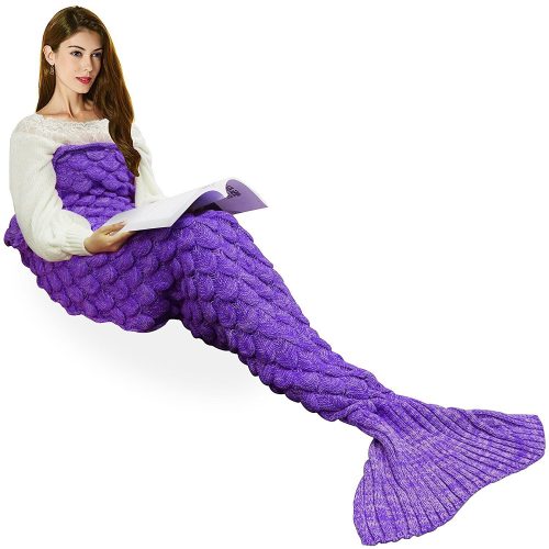 Handmade Knitted Mermaid Tail Blanket, T-tviva All Seasons Warm Bed Blanket Sofa Quilt Living Room Sleeping Bag for Kids and Adults 