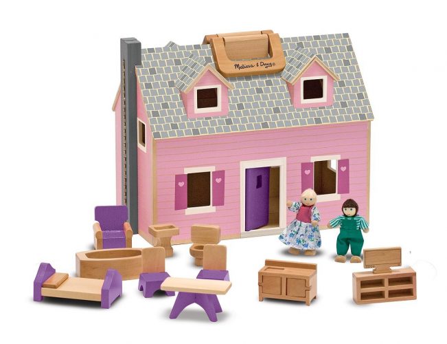 Melissa & Doug Fold and Go Wooden Dollhouse With 2 Dolls and Wooden Furniture 