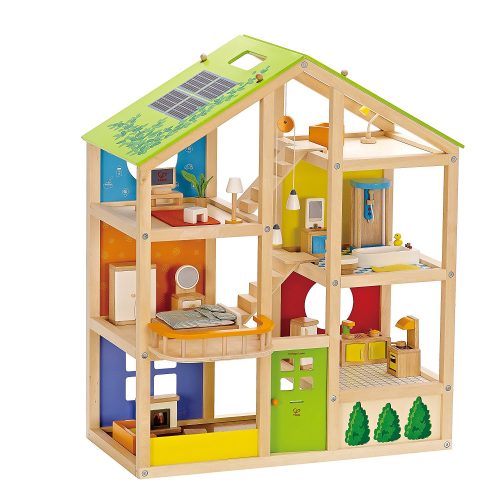 Award Winning Hape All Seasons Kid's Wooden Doll House Furnished with Accessories