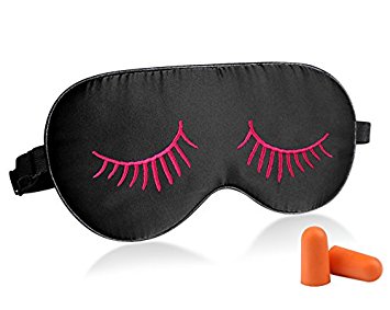 Fitglam Natural Silk Sleeping Mask with Eyelashes Patterns & Free Ear Plugs, Best Sleeping Eye Cover for Travel, Nap, Meditation, Blindfold with Adjustable Strap for Men, Women, Teenagers (Rose)
