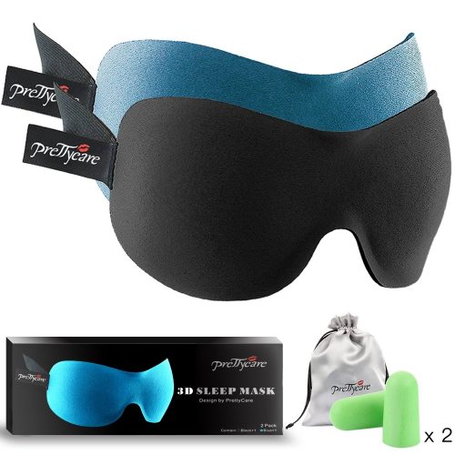 PrettyCare 3D Sleep Mask (New Design by with 2 Pack) Eye Mask for Sleeping - Contoured Eyemask Silk - Blindfold Airplane with Ear Plugs, Travel Pouch - Best Night Blinder Eyeshade for Men Women Kids 