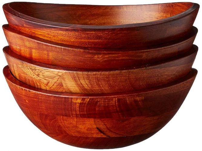 Lipper International 293-4 Cherry Finished Wavy Rim Serving Bowls for Fruits or Salads, Matte, Small, 7.5" x 7.25" x 3", Set of 4 Bowls