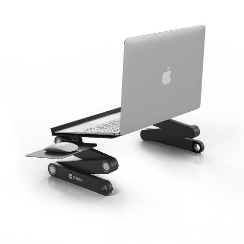 PWR+ Laptop Table Stand Adjustable Riser: Portable with Mouse Pad Fully Ergonomic Mount Ultrabook MacBook Notebook Light Weight Aluminum Black Bed Tray Desk Book Fans
