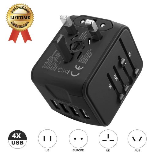 Universal Travel Adapter JMFONE International Tavel Power Adapter 4 USB 3.4A Worldwide Travel Charger Universal AC Wall Outlet Plugs for US, EU, UK, AU, Italy & Asia 160 Countries(Black)