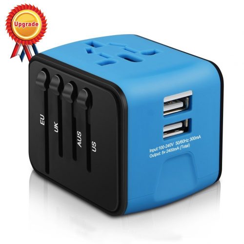 Universal Travel Adapter, Iron-M All-in-one International Power Adapter with 2.4A Dual USB, European Adapter Travel Power Adapter Wall Charger for UK, EU, AU, Asia Covers 150+Countries (Blue)