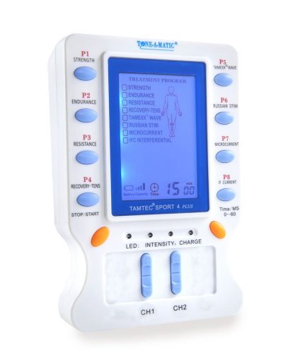 Tone-A-Matic Electronic/Electric Muscle Stimulator & TENS - 8 Programs, 12 Adhesive Electrodes: TAMTEC SPORT 2 PLUS Complete Set – Includes: RUSSIAN STIM / ACTIVE RECOVERY / TAMEXX MICRO-CURRENT / IFC 