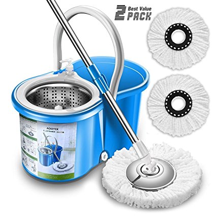 Aootek Upgraded Stainless Steel Deluxe 360 Spin Mop & Bucket Floor Cleaning System Included EasyPress Handle with 2 Microfiber Mop Heads (1pack) - Spin Mops