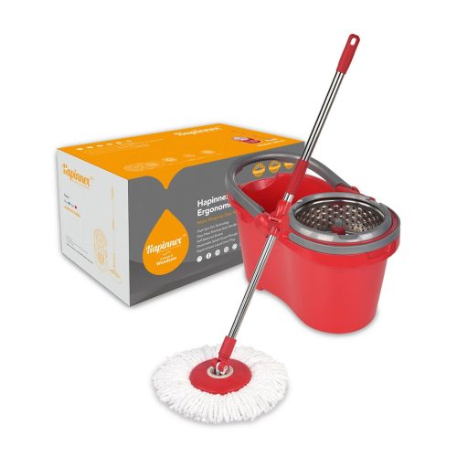 Hapinnex Spinning Mop Bucket Set - For Home Kitchen Floors Cleaning - Wet/Dry Usage on Hardwood & Tile - Upgraded Self-Balanced System With 2 Washable Microfiber Mop Heads Replacements - Spin Mops