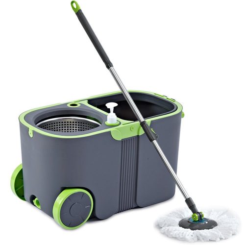 Stainless Steel Deluxe Rolling Microfiber Spin Mop & Bucket Floor Cleaning System with 2 Microfiber Mop Heads & 1 Scrub Brush & 1 Chenille Mop Pad & 1 Extension Handle - Spin Mops